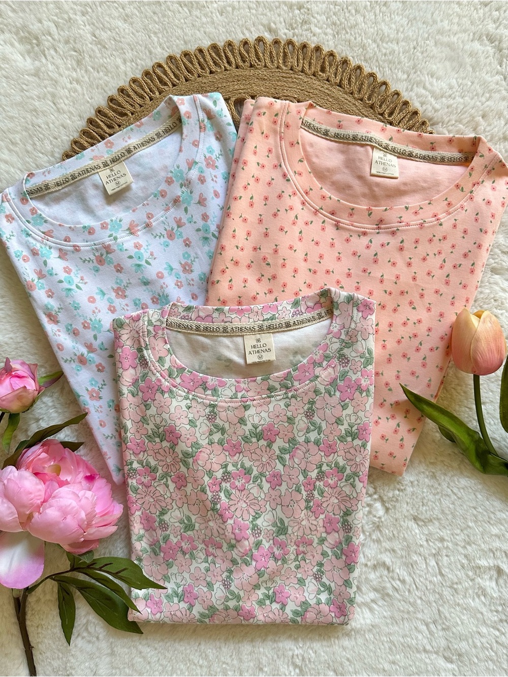 Hello Athenas Women’s 3PACK Floral Print Pima Cotton Tee Short Sleeve Medium